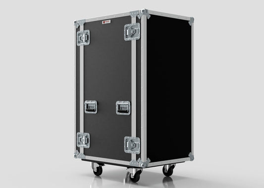The 22U Suspended Shock Mounted Rack Case is a black box with silver trim, designed with suspended shock mounted rack technology for enhanced stability.