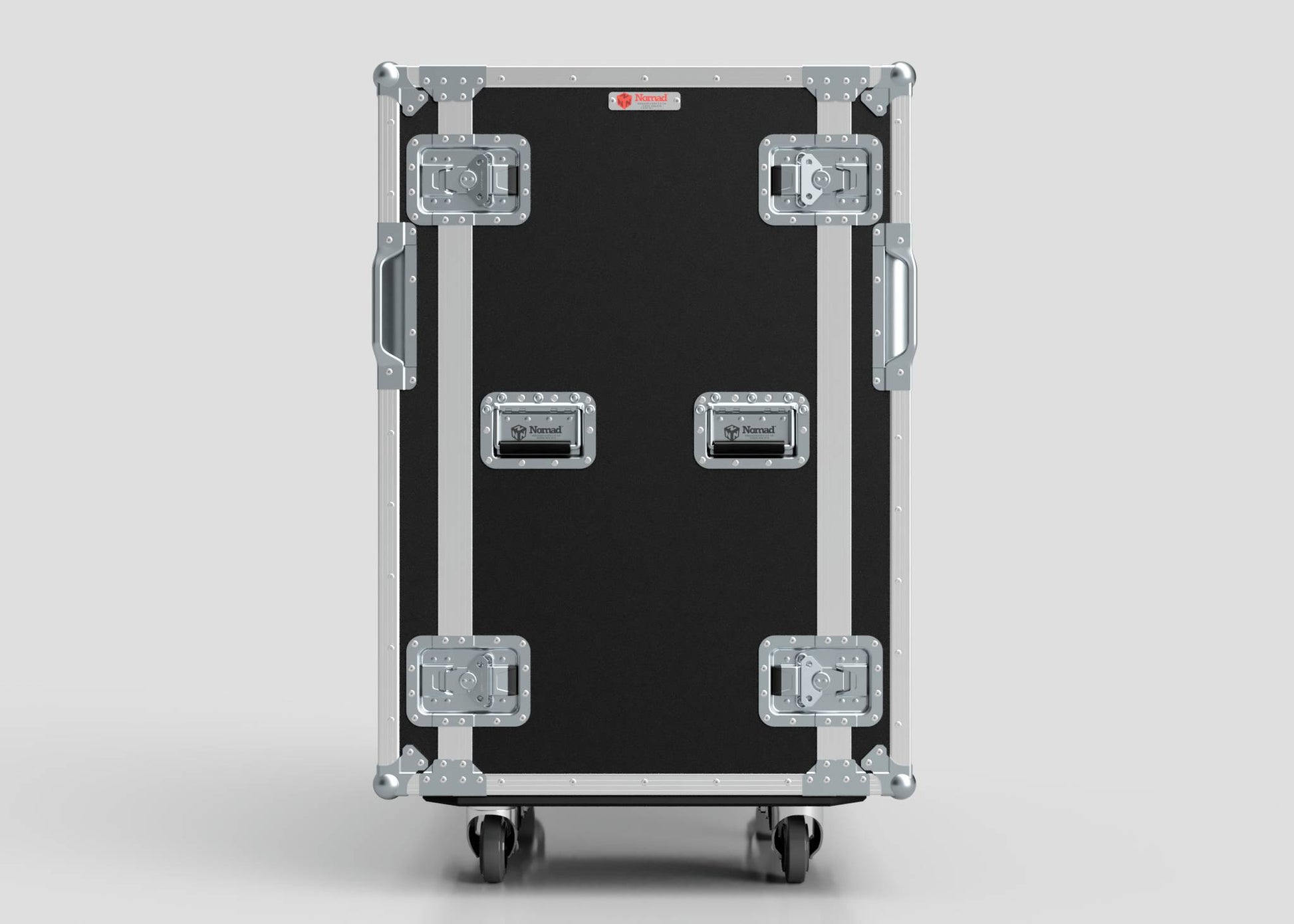 The 23U Double Bay Rack Case is a large black case with silver metal edges, reinforced corners, four latches, side handles, and four wheels, shown standing upright against a plain background.