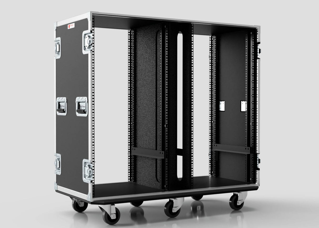 The 23U Double Bay Rack Case is a black, open-frame rolling rack with metal edges, four caster wheels, and side handles, designed for easy transport and secure mounting of electronic equipment.