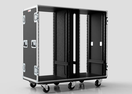 The 23U Double Bay Rack Case is a black, open-frame rolling rack with metal edges, four caster wheels, and side handles, designed for easy transport and secure mounting of electronic equipment.