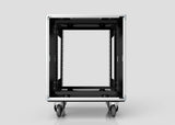 Front view of an empty 23U Shock Mount Slam Rack Case on wheels against a plain light gray background.