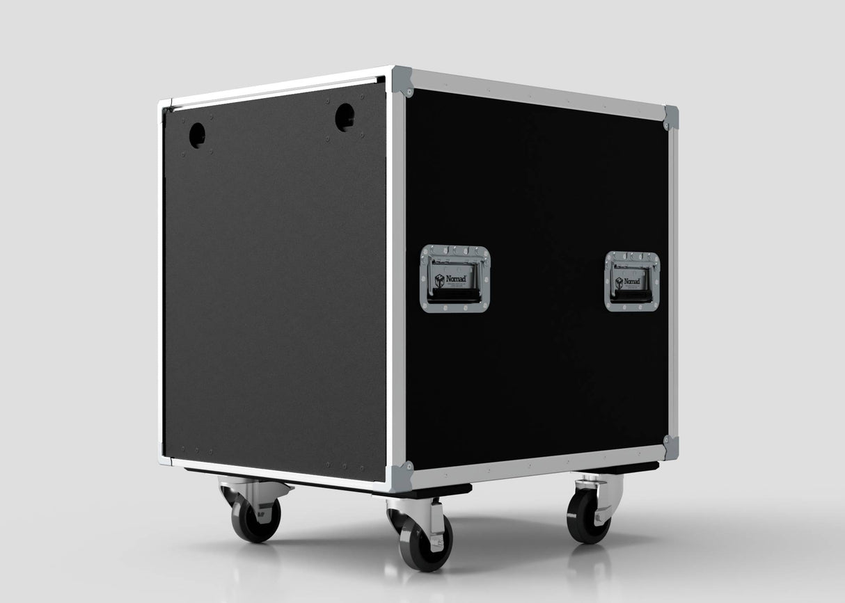 The 23U Shock Mount Slam Rack Case, a black rectangular equipment case with metal edges and handles, stands on four caster wheels against a plain gray background.