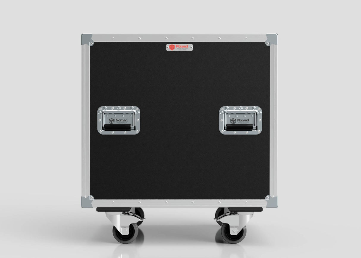 A 23U Shock Mount Slam Rack Case in black with silver metal reinforcements, two recessed handles, and casters, shown against a plain light background.