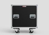 A 23U Shock Mount Slam Rack Case in black with silver metal reinforcements, two recessed handles, and casters, shown against a plain light background.