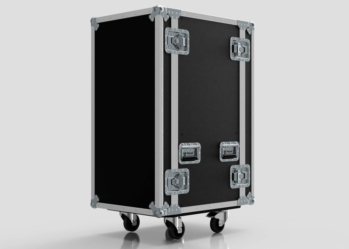 The 23U Standard Rack Case, black and rectangular with metal-reinforced edges, corners, four latches, and wheels, is shown against a plain light gray background.