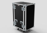 The 23U Standard Rack Case, featuring a black rectangular design with metal edges, latches, and corner protectors, stands upright on four caster wheels against a plain background.