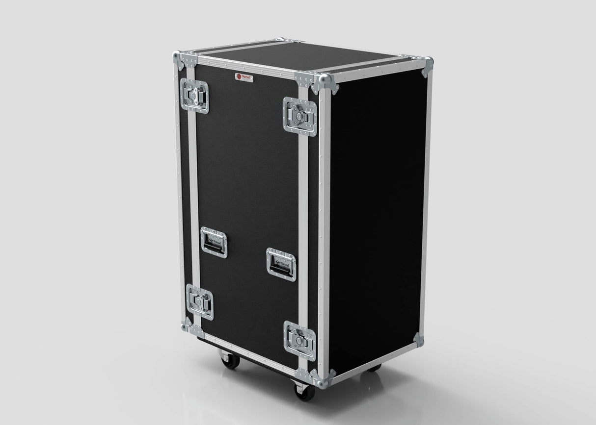 The 23U Suspended Shock Mounted Rack Case is a black, rectangular birch plywood flight case with metal edges, handles, latches, four casters, and shock mounted racks for maximum vibration protection.