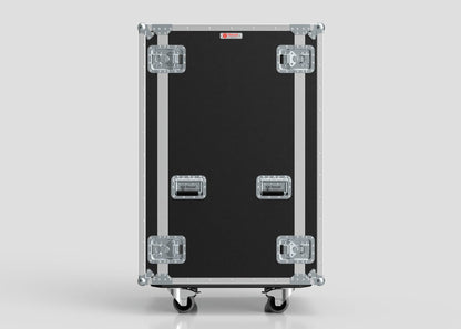 The 23U Suspended Shock Mounted Rack Case is a large, black rectangular equipment case made of birch plywood with metal reinforcements, handles, latches, and wheels, shown standing upright against a plain light background.