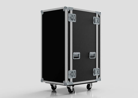 The 23U Suspended Shock Mounted Rack Case is a large black rectangular equipment case made from birch plywood, featuring metal edges, four latches, and four caster wheels, shown upright against a plain background.