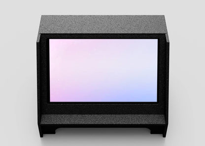 The 55" Screen Stage Confidence Monitor Wedge, a black rectangular display with a textured frame, shows a light pink and blue gradient on a plain light gray background; monitor not included.