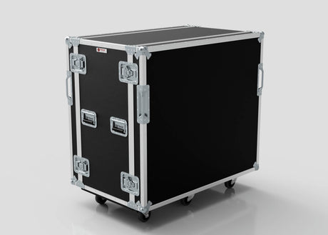 A 24U Double Bay Rack Case in black, featuring metal edges, handles, latches, and wheels, is shown against a plain light background.