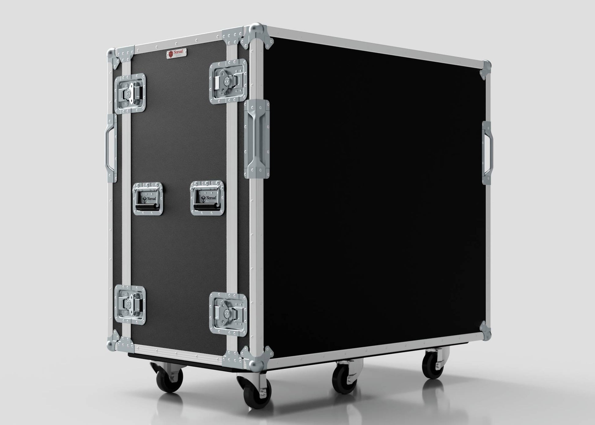 A 24U Double Bay Rack Case in large black design with metal edges, handles, and latches, mounted on four caster wheels, shown against a plain light background.