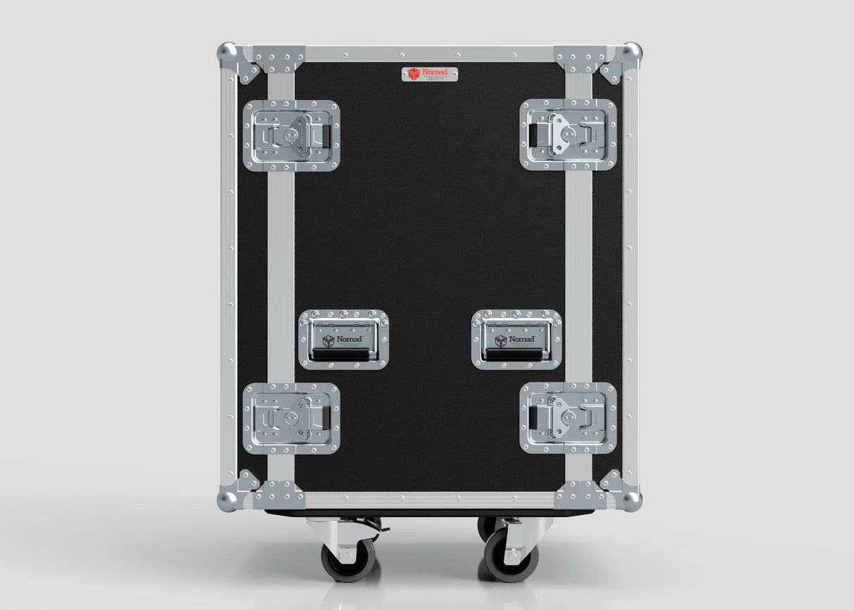 The 24U Foam Shock Mounted 19" Rack Case, made of black and silver birch plywood with metal reinforcements, heavy-duty latches, and caster wheels, stands upright on a plain background.