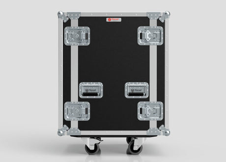 The 24U Foam Shock Mounted 19" Rack Case, made of black and silver birch plywood with metal reinforcements, heavy-duty latches, and caster wheels, stands upright on a plain background.