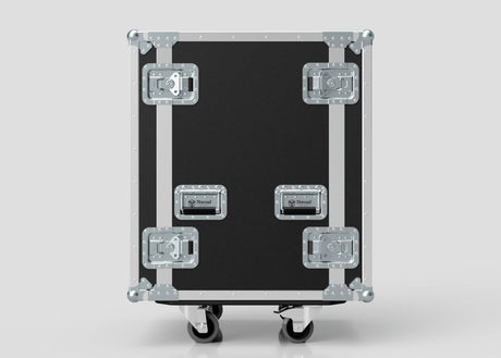 The 24U Foam Shock Mounted 19" Rack Case, featuring black and silver birch plywood, metal reinforcements, recessed handles, latches, and caster wheels, stands upright against a plain background.