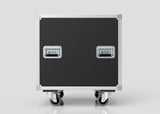 A 24U Shock Mount Slam Rack Case, black and rectangular with four caster wheels and two metal front handles, is shown against a plain light background.