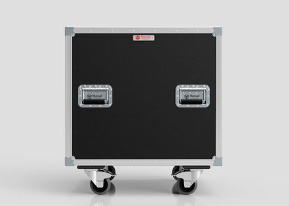 The 24U Shock Mount Slam Rack Case is a black equipment road case featuring metal edges, two handles, and four caster wheels on a plain light background.