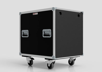 The 24U Shock Mount Slam Rack Case features a black exterior with metal edges, two recessed handles, corner protectors, and four caster wheels, shown against a plain white background.