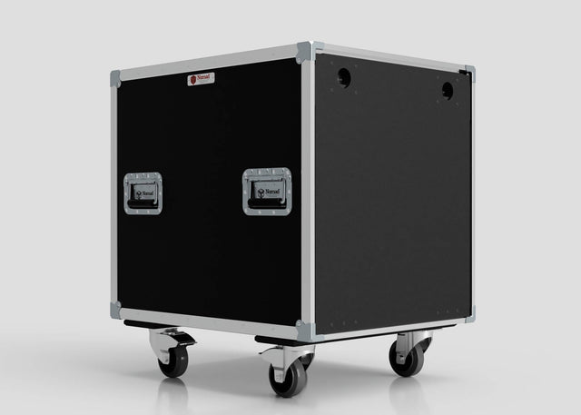 The 24U Shock Mount Slam Rack Case features a black exterior with metal edges, two recessed handles, corner protectors, and four caster wheels, shown against a plain white background.