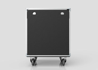 The 24U Shock Mount Slam Rack Case, a black and silver rectangular equipment case with four caster wheels, is shown against a plain light gray background.