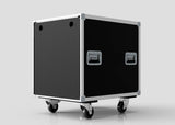 The 24U Shock Mount Slam Rack Case, a black rectangular case with metal edges, handles, and four caster wheels, is displayed against a plain light gray background.