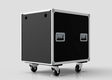 The 24U Shock Mount Slam Rack Case, a black rectangular case with metal edges, handles, and four caster wheels, is displayed against a plain light gray background.
