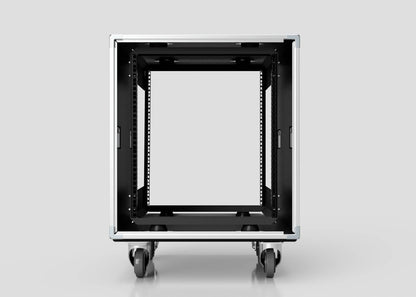 Front view of an empty 24U Shock Mount Slam Rack Case in black, featuring four caster wheels, set against a plain gray background.
