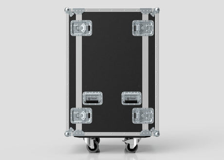 The 24U Standard Rack Case is a large black rack with metal reinforcements and latches, standing upright on two caster wheels, perfect for secure equipment storage.