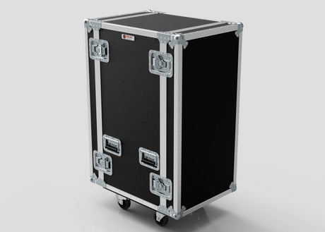The 24U Standard Rack Case features black birch plywood, metal reinforcements, handles, and four wheels. It stands upright for secure equipment storage and is perfect for use against a plain background.