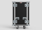 The 24U Standard Rack Case, featuring black and silver birch plywood, metal-reinforced corners, four latches, two wheels, and a handle, stands upright on a plain background—perfect for secure equipment storage.