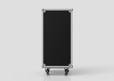 The 24U Standard Rack Case is a large upright rectangular black equipment storage case with metal corners and four caster wheels, made from durable birch plywood rack sections and shown against a plain light gray background.