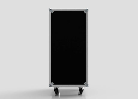A 24U Suspended Shock Mounted Rack Case in black, with metal edges and four caster wheels, stands upright against a plain light gray background, featuring anti-vibration mounts for extra protection.