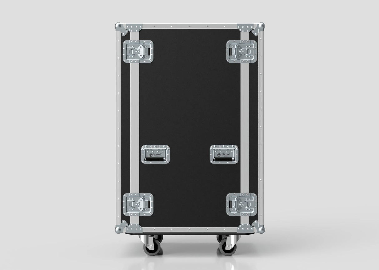 A 24U Suspended Shock Mounted Rack Case in black, with metal edges, handles, and latches, stands upright against a plain light background. Its shock-mounted rack design offers enhanced protection for your equipment.