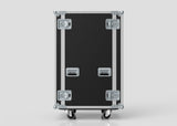 A 24U Suspended Shock Mounted Rack Case in black, with metal edges, handles, and latches, stands upright against a plain light background. Its shock-mounted rack design offers enhanced protection for your equipment.