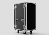 A 24U Suspended Shock Mounted Rack Case, large and black with metal reinforcements, four latches, two handles, caster wheels, and a built-in shock-mounted rack, shown against a plain light background.