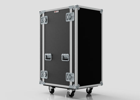 A 24U Suspended Shock Mounted Rack Case, large and black with metal reinforcements, four latches, two handles, caster wheels, and a built-in shock-mounted rack, shown against a plain light background.