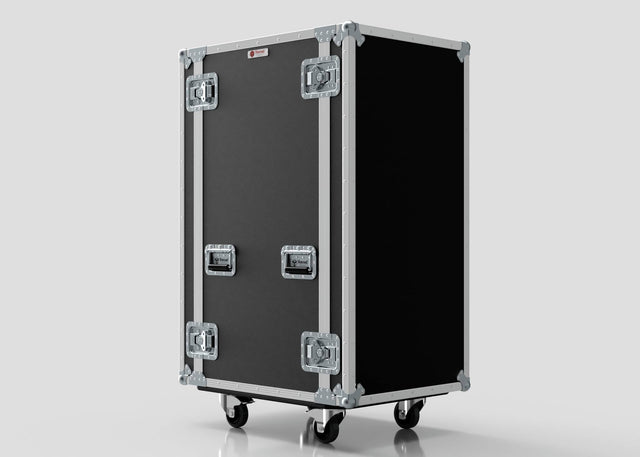 A 24U Suspended Shock Mounted Rack Case, large and black with metal reinforcements, four latches, two handles, caster wheels, and a built-in shock-mounted rack, shown against a plain light background.
