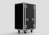 The 24U Suspended Shock Mounted Rack Case is a large black and silver road case with metal edges, corner protectors, handles, two wheels, and a suspended anti-vibration rack, shown standing upright against a plain light background.