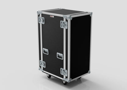 A 24U Suspended Shock Mounted Rack Case in black with metal edges, handles, latches, and wheels is shown against a plain light background, featuring a shock-mounted rack for added equipment protection.
