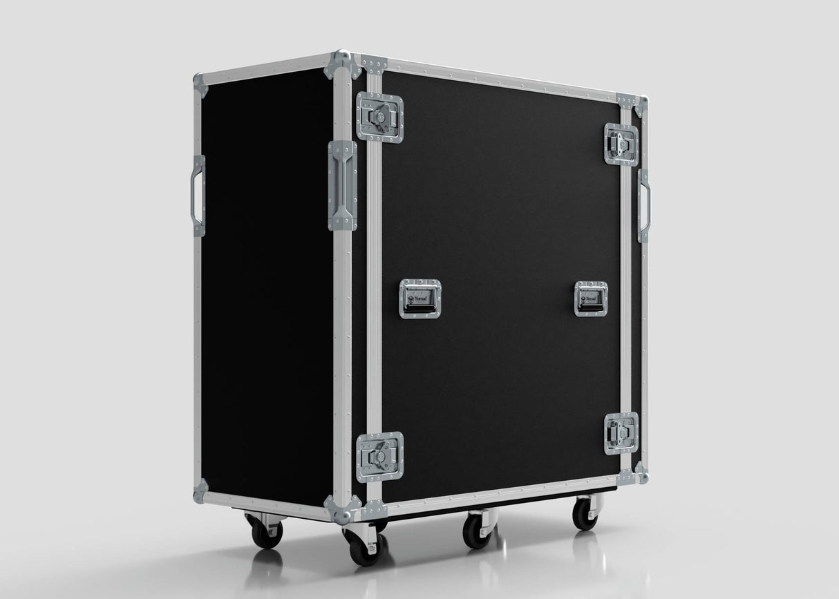A 24U x 1032mm suspended shock mounted data server rack with metal edges, handles, and latches stands on four caster wheels against a plain background.