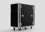 A 24U x 1032mm suspended shock mounted data server rack with metal edges, handles, and latches stands on four caster wheels against a plain background.