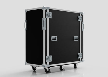 A 24U x 1032mm suspended shock mounted data server rack with metal edges, handles, and latches stands on four caster wheels against a plain background.