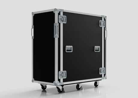 A 24U x 1032mm suspended shock mounted data server rack with metal edges, handles, and latches stands on four caster wheels against a plain background.