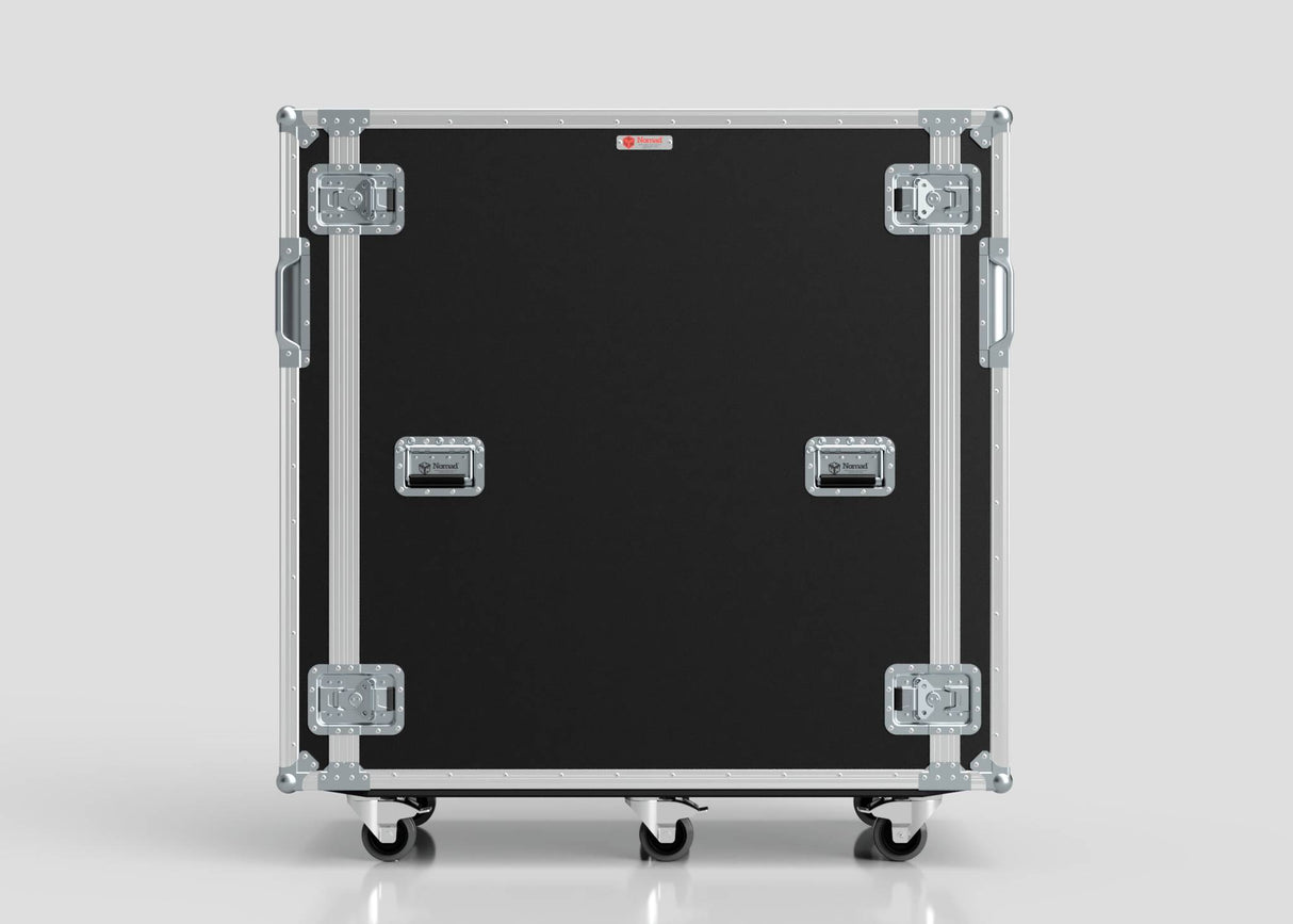 A 24U x 1032mm Suspended Shock Mounted Data Server Rack with metal reinforcements, four latches, two handles, and four caster wheels stands upright on a plain light gray background.