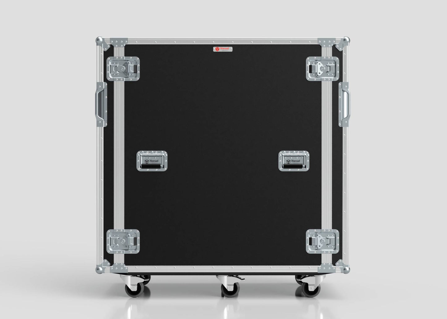 A 24U x 1032mm Suspended Shock Mounted Data Server Rack with metal reinforcements, four latches, two handles, and four caster wheels stands upright on a plain light gray background.