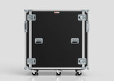 A 24U x 1032mm Suspended Shock Mounted Data Server Rack with metal reinforcements, four latches, two handles, and four caster wheels stands upright on a plain light gray background.