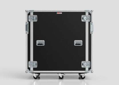 A 24U x 1032mm Suspended Shock Mounted Data Server Rack with metal reinforcements, four latches, two handles, and four caster wheels stands upright on a plain light gray background.