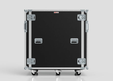 A 24U x 1032mm Suspended Shock Mounted Data Server Rack with metal reinforcements, four latches, two handles, and four caster wheels stands upright on a plain light gray background.