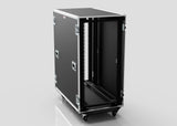 A 24U x 1032mm Suspended Shock Mounted Data Server Rack with metal edges, handles, and latches is shown open and empty on a white background, showcasing its spacious interior for versatile storage.