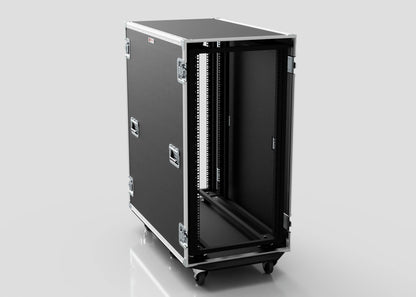 A 24U x 1032mm Suspended Shock Mounted Data Server Rack with metal edges, handles, and latches is shown open and empty on a white background, showcasing its spacious interior for versatile storage.